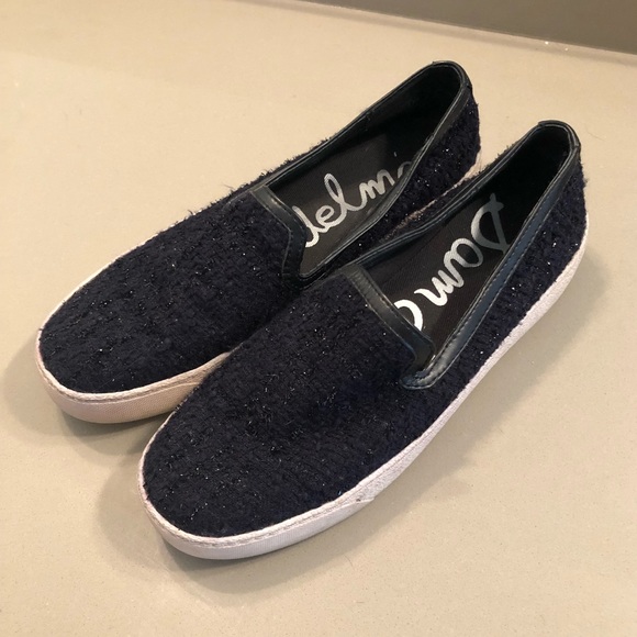 Navy Blue Tweed Sam Edelman Slip Ons - Picture 1 of 4
